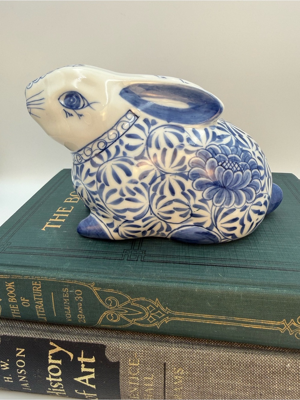 Blue and White Porcelain Bunny Figurine - Decorative Ceramic Rabbit